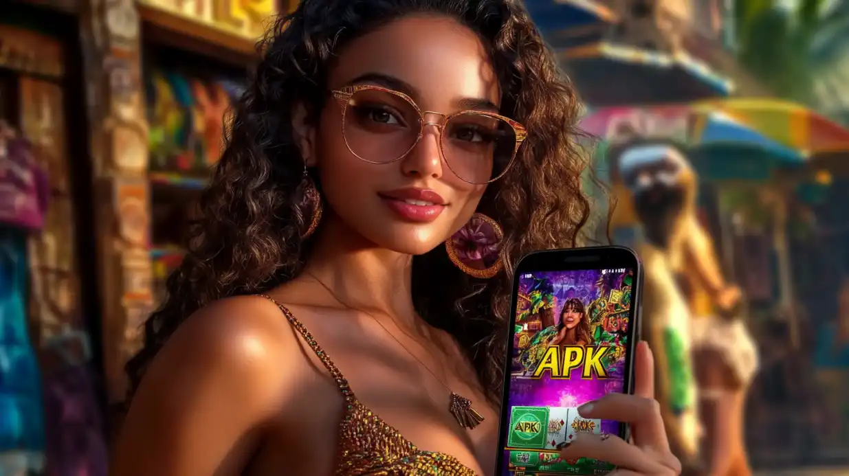 Jovem com óculos de sol mostrando a tela do celular com aplicativo de cassino APK, em rua animada com barraquinhas e decoração
