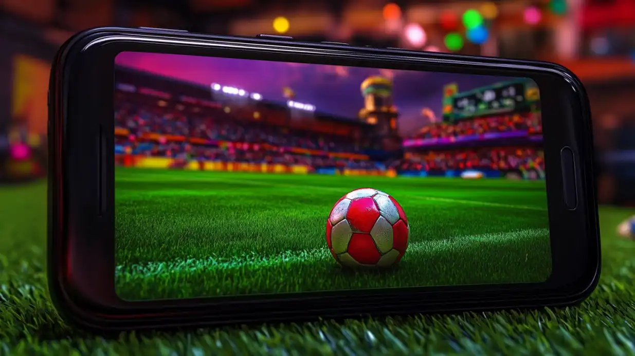 Bola de futebol em gramado digital, vista na tela de um celular, com arquibancadas iluminadas ao fundo