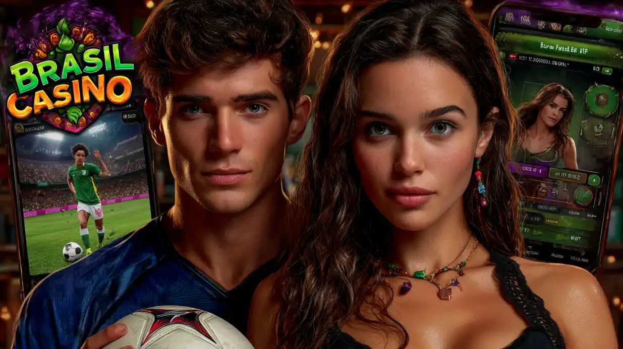 Casal jovem com celulares mostrando aplicativo de apostas Brasil Casino, em ambiente esportivo com tema de futebol