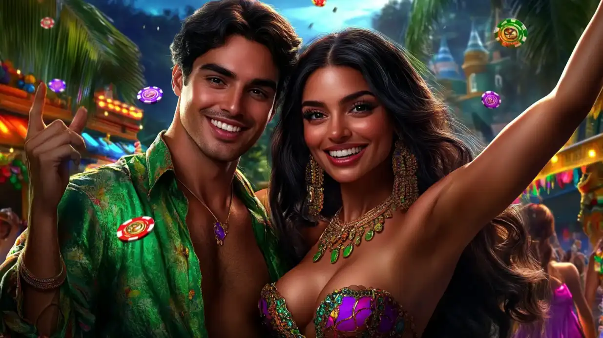 Casal sorridente curtindo uma festa temática de cassino com fichas voando e decoração tropical ao fundo