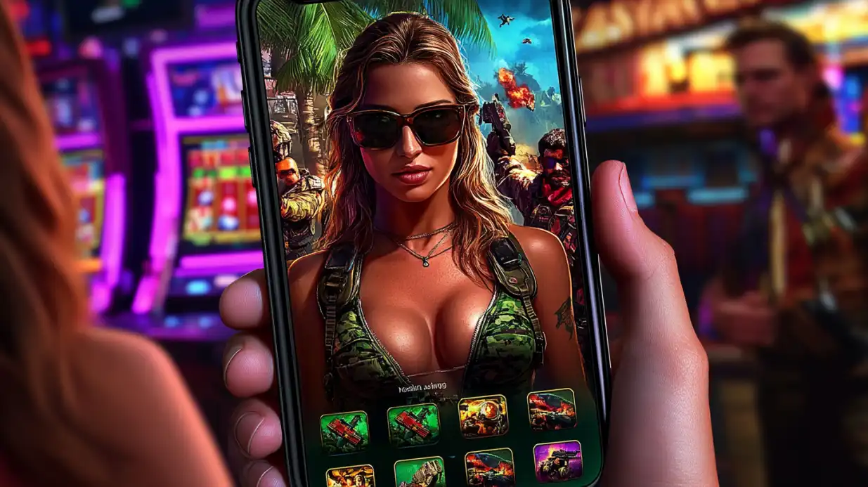 Close em celular com jogo de guerra e mulher estilizada na tela, em um ambiente de cassino iluminado com caça-níqueis ao fundo
