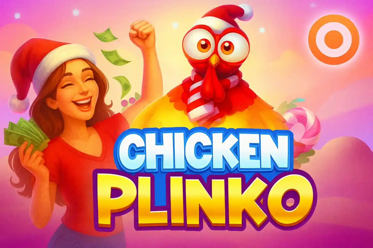 Jogadora feliz segurando dinheiro ao lado do mascote Chicken Plinko