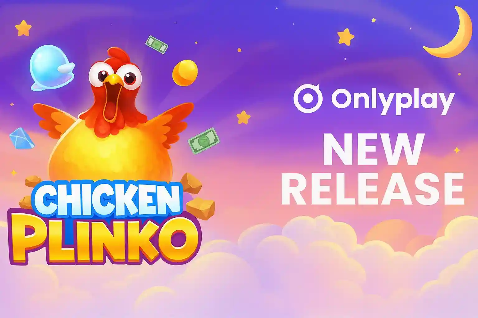 Banner Chicken Plinko com anúncio de novo lançamento e mascote voando