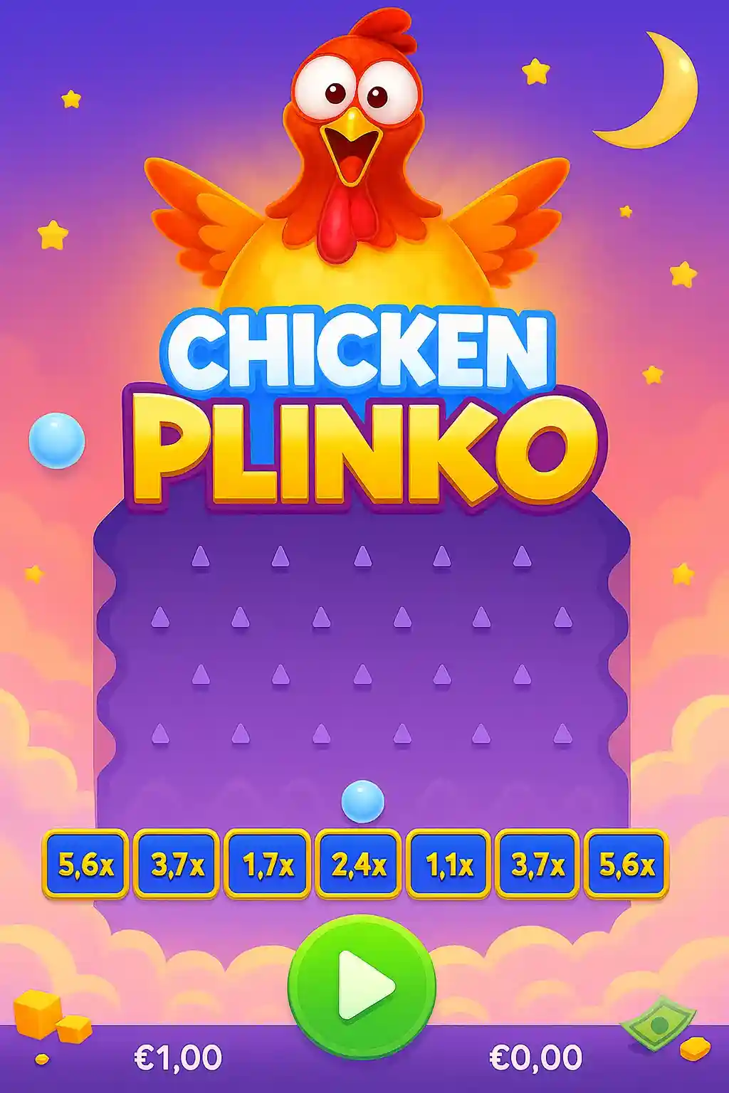 Interface do jogo Chicken Plinko com multiplicadores e bola caindo