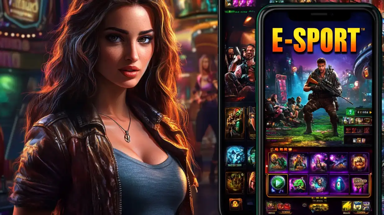 Mulher com expressão determinada ao lado de um celular com jogo E-Sport aberto em um ambiente vibrante de cassino