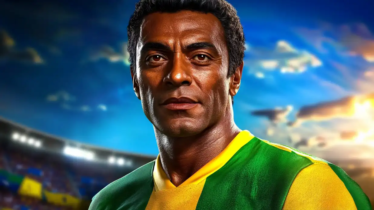 Ex-jogador de futebol com expressão séria usando camisa da seleção brasileira em estádio iluminado ao pôr do sol
