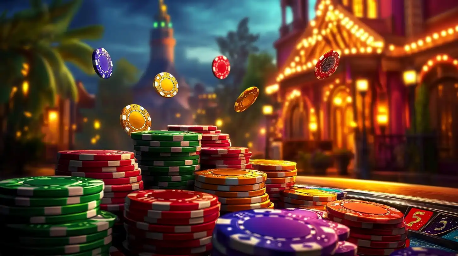 Pilhas coloridas de fichas de cassino em uma mesa de jogo ao ar livre, com iluminação noturna e ambiente festivo ao fundo