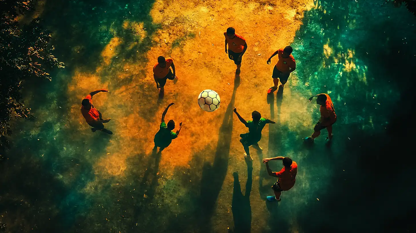 Vista aérea de jogadores em campo de terra com iluminação artística em tons alaranjados e verdes, jogando futebol