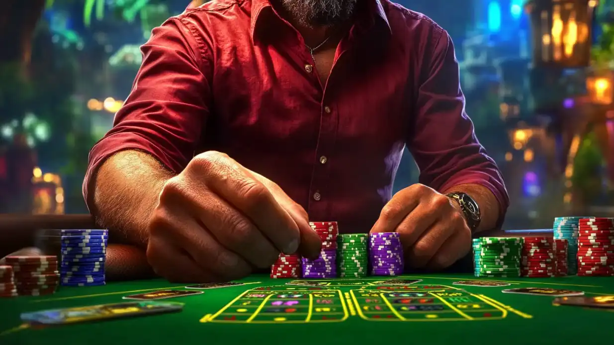 Homem de camisa vermelha em mesa de roleta organizando fichas de diferentes cores durante o jogo