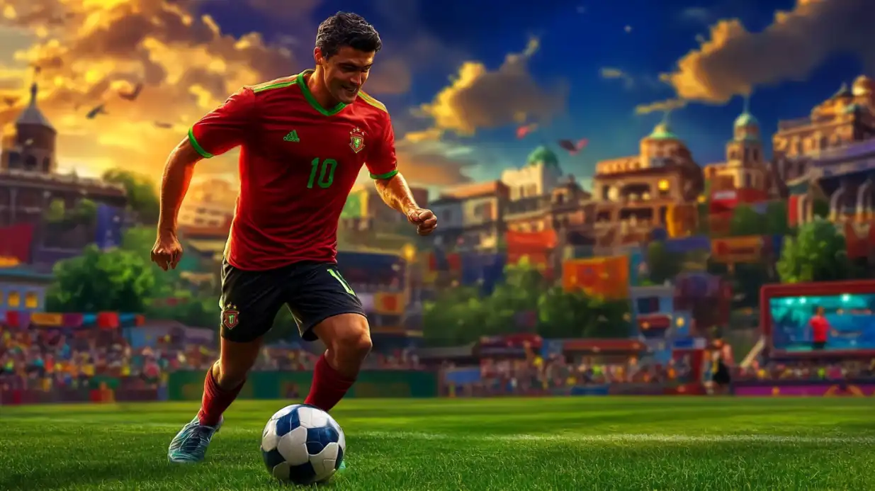 Jogador de futebol com camisa vermelha e número 10 correndo com a bola em campo, com cidade e público ao fundo