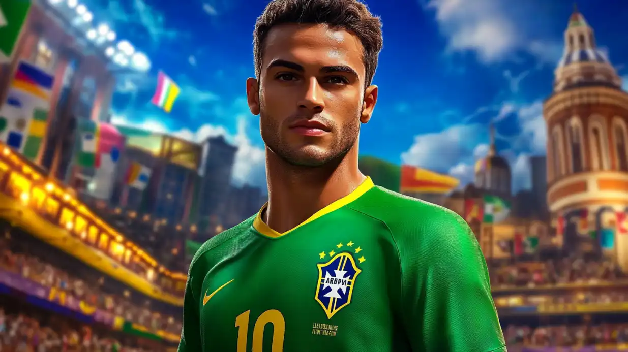 Jogador com uniforme da seleção brasileira número 10 em frente a um estádio lotado e bandeiras de várias nações ao fundo