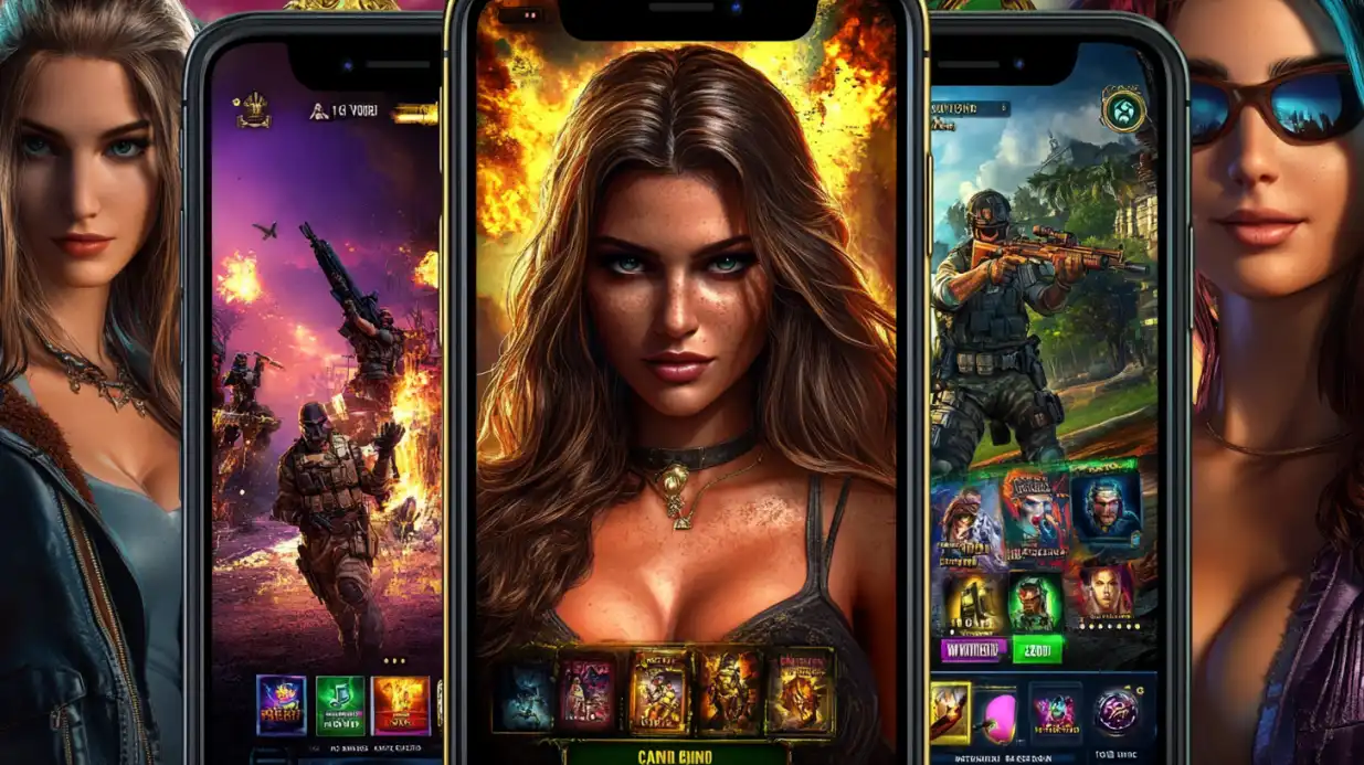 Telas de celulares mostrando jogos de guerra com personagens armados e visuais intensos em um cenário de ação