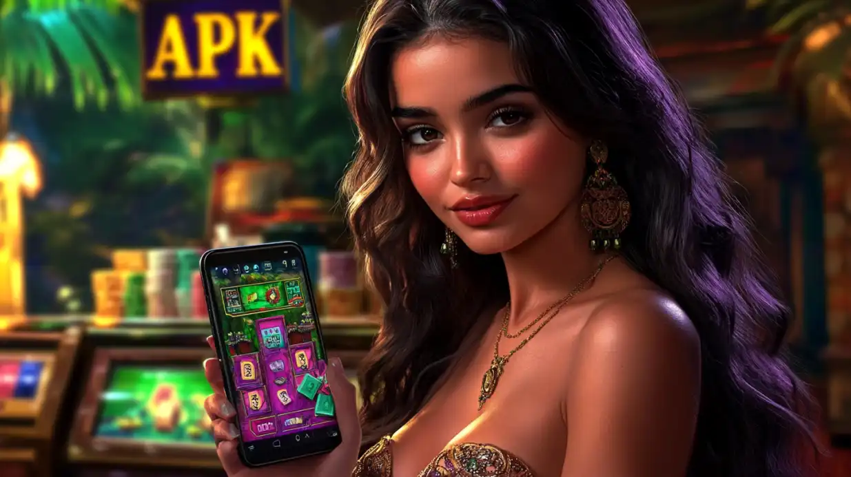 Mulher com expressão confiante segurando um celular com jogo APK de cassino aberto, em um ambiente tropical iluminado