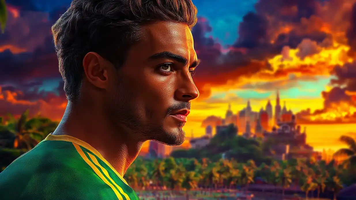 Perfil de jogador da seleção brasileira olhando à distância, com cenário de castelo e pôr do sol colorido ao fundo