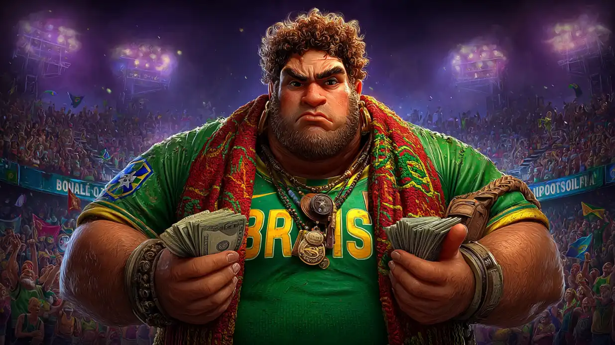 Torcedor forte com camisa do Brasil segurando maços de dinheiro em estádio cheio durante evento esportivo