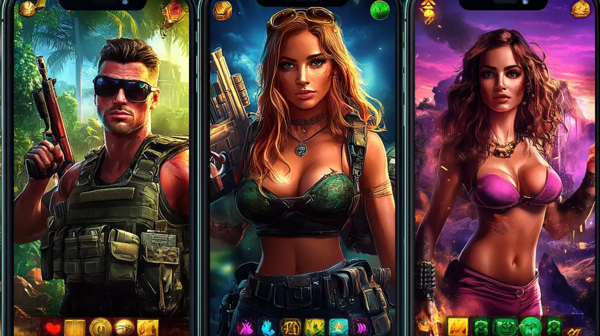 Três personagens de jogo em celulares — soldado, guerreira e aventureira — com gráficos intensos e cores vibrantes