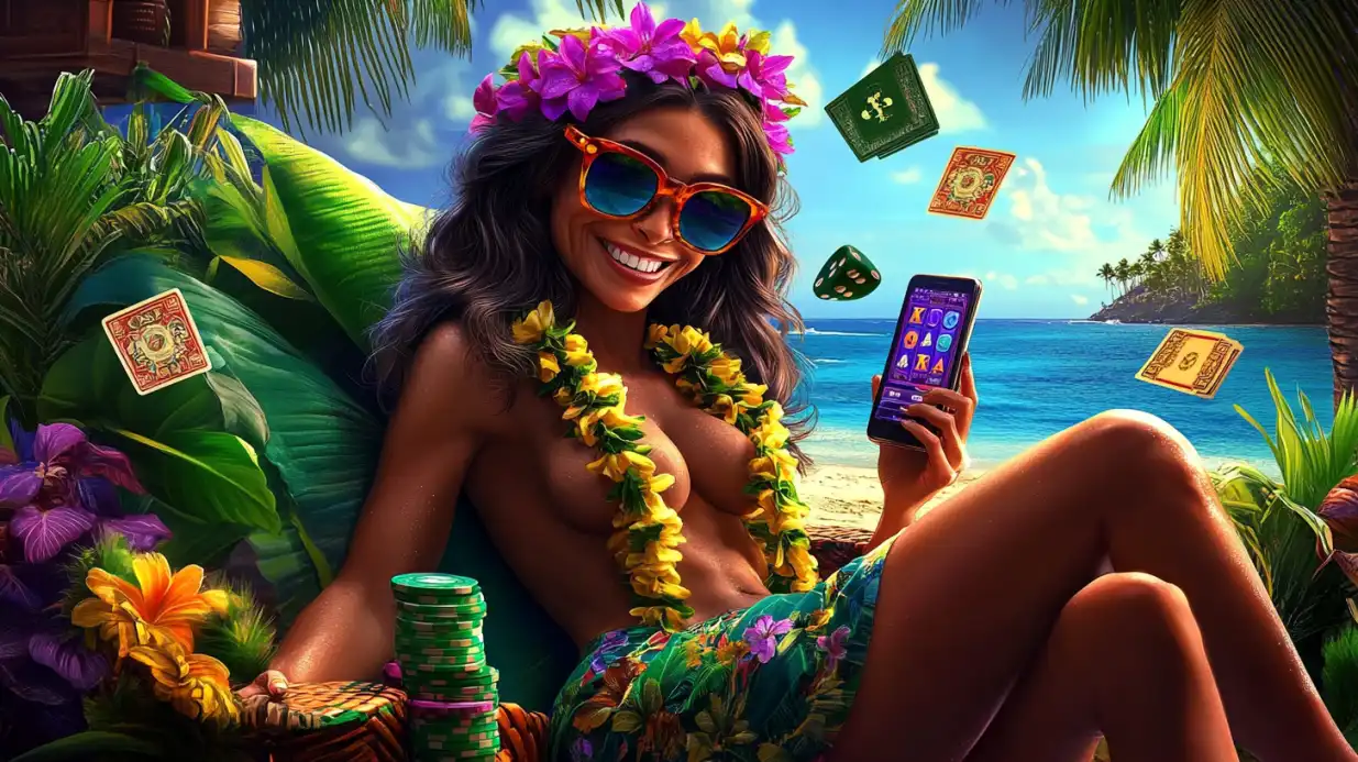 Mulher sorridente em roupa de praia com flores no cabelo, jogando cassino no celular sob palmeiras, com fichas e cartas ao redor